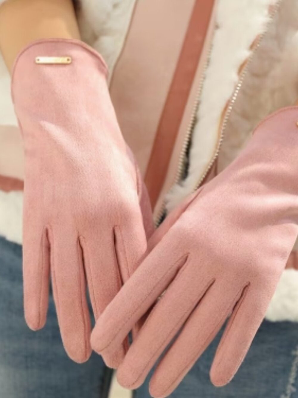 New Luxury Light Pink Faux Suede Thermal Touchscreen Gloves w/ Silky Lining